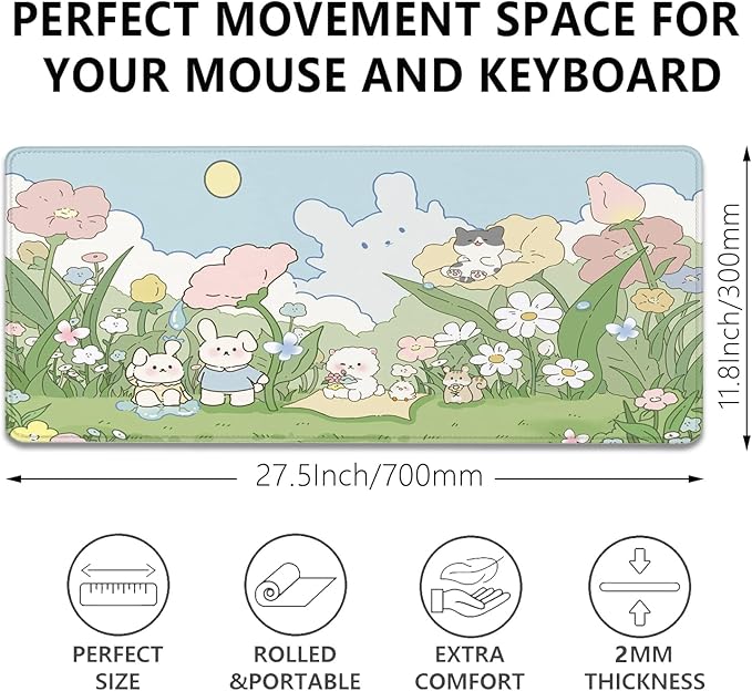 Cute Cartoon Bear Rabbit Cat and Flowers Extended Desk Pad Mouse Pad,Stitched Edges Non-Slip Rubber Base XL Mouse Mat Desk Mat for Office Home Work Floral Mousepad(27.5X11.8 Inch)