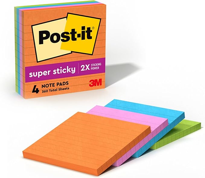 Post-it Super Sticky Notes, 4x4 in, 4 Pads, 2X The Sticking Power, Rio de Janerio Collection, Bright Colors (Orange, Pink, Blue, Green),Recyclable (675-4SSUC)