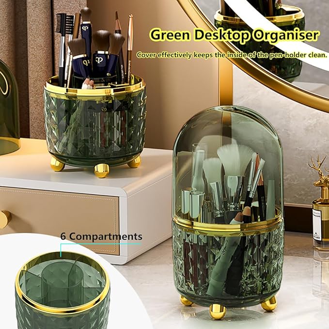 360° Rotating Pencil Holder for Desk, Makeup Brush Holder with 6 Slots, Desk Organizer for Writing Utensil, Office and School Supplies (Green with cover)