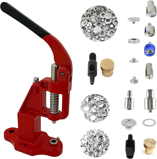 Hobby Trendy Hand Press with Rust Free Steel 50 Sets Ln24 15mm Fashion Spring Glove Snaps and 50 Sets Brass 8 mm (Nr5) Eyelets, Matching Dies and Hole Punches (Silver Supplies, RED Press)