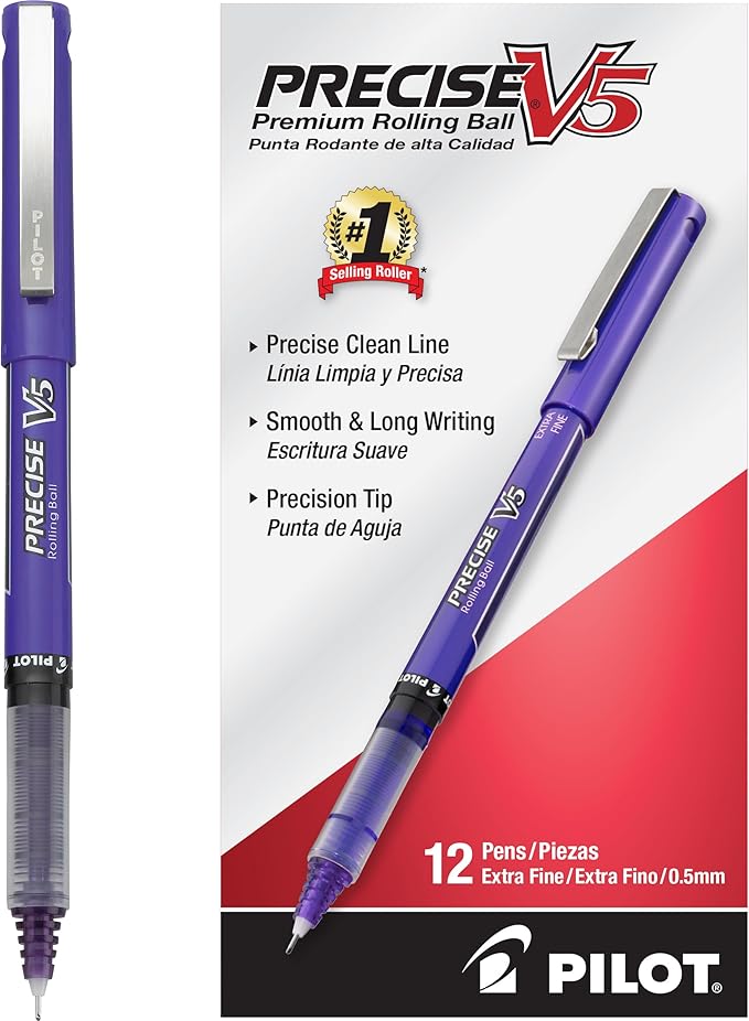 Pilot Precise V5 Rollerball Pens, Extra Fine Point 0.5 mm Purple Pens, Purple, Pack of 12 - Ideal for School, Journaling & Office Writing