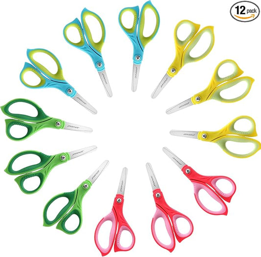 JARVISTAR 5.5" Kids Scissors with Cover, Left & Right Handed Blunt Safety Small Scissors - Stainless Steel Blades - 12 Pack