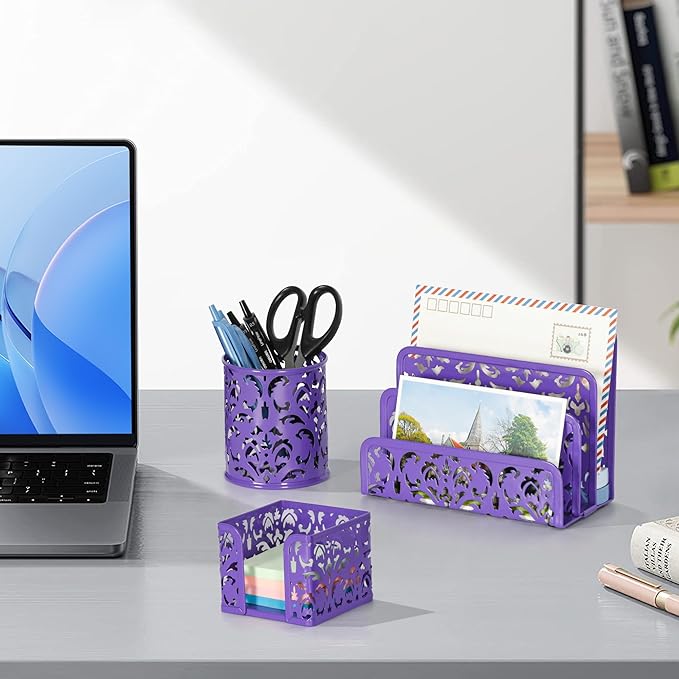 EasyPAG Desk Organizers and Accessories 3 Pieces Office Organizer Set - Pen Holder for Desk, Mail Sorter Countertop and Sticky Note Holder, Purple