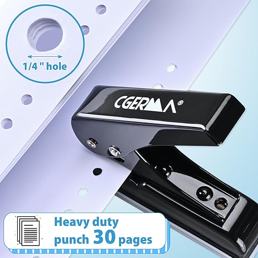 Single Hole Punch, 30 Sheet Capacity, with 10 Pcs Loose Leaf Binder Rings, Heavy Duty Paper Hole Puncher, 1/4" Hole Punches, 60% Labor Savings for for ID Cards, Chipboard Art Projects, Black