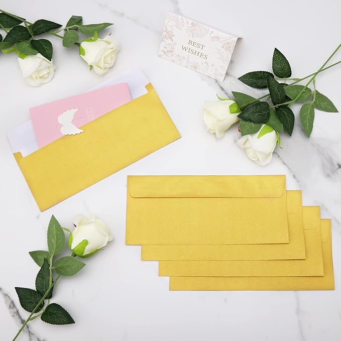 100 Pack Metallic Gold Envelopes #10 Business Envelopes 4-1/8 x 9-1/2 Self adhesive Mailing Envelopes for Office, Business Letterhead, Invoices, Personal Mailing, Letters, Unique Invitations