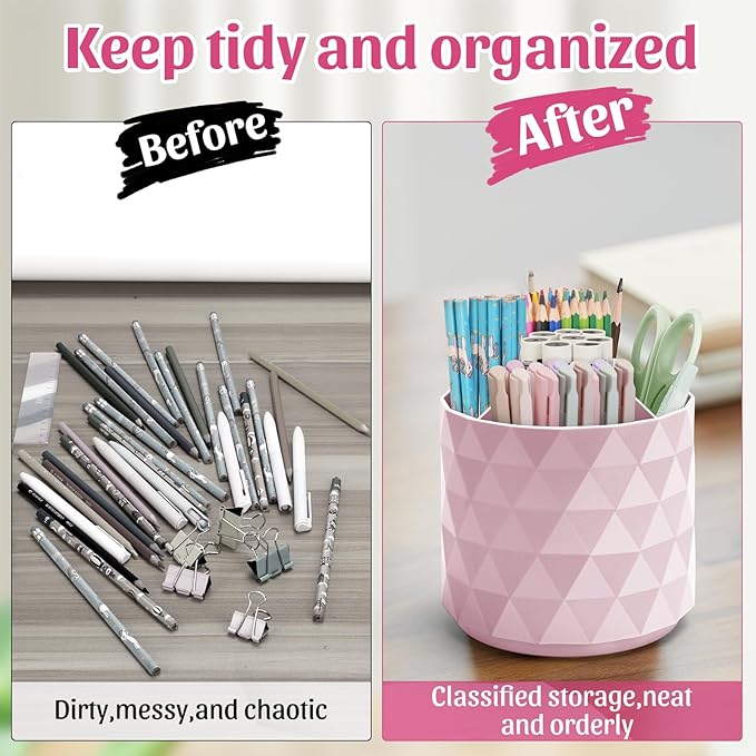 Desk Organizer,Sparkling Diamond-like Pen Holder for Desk 360°Rotating Office Accessories,Pencil Cup with 5 Compartments Storage Box Caddy for Office,School,Home,Art Supply(Pink)