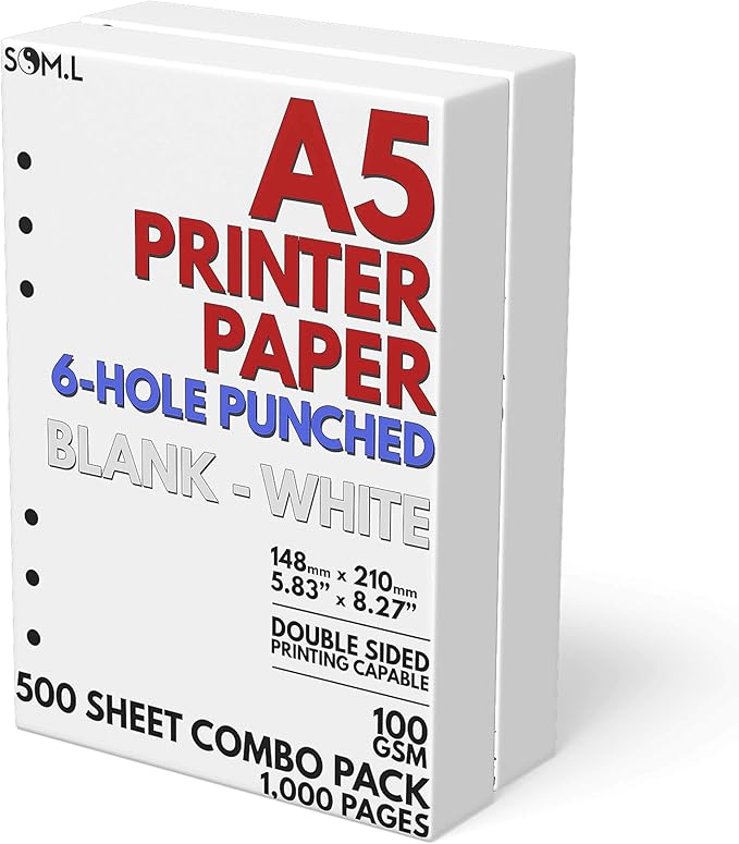 A5 Blank Paper 6-Hole Punched, 500 Sheets (1,000 Pages), 100 GSM, Printer Paper 148mm x 210mm (5.83 in. x 8.27 in.)