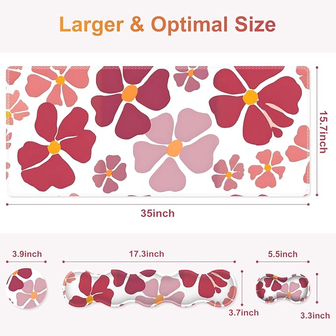 Desk Mat Gaming Mouse Pad, Cute Desk Matt Keyboard Wrist Rest for Desktop, Anti-Slip Mousepad w/Stitched Edges, XXL Large Mouse Pad with Wrist Support for Desk Computer I Burgundy Lucky Flower