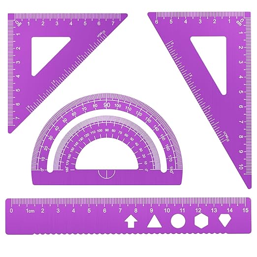 MSDADA Triangle Ruler, Protractor, Square and Ruler Set, 4 Pieces Aluminum Alloy Ruler, Metal Drafting Ruler Kit, Geometric Protractor for Student, School, Home, Office (Purple, 15cm/5.9inch)