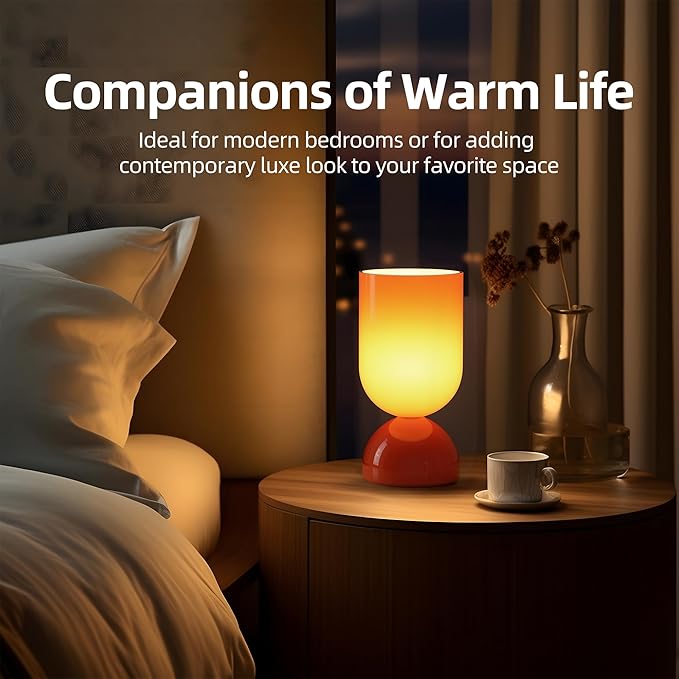 8.9" Modern Glass Table Lamp for Living Room, Dimmable Desk Lamps for Bedroom, UL Listed Nightstand Lamp with Dome Base, End Table Lamps for Kids Room, Side Tables, College Dorm, Office, Glossy Orange