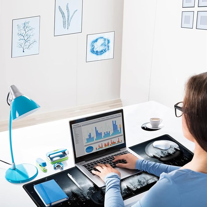 ARTSO Large Mouse Pad Ergonomic Keyboard Wrist Rest Support, Memory Foam Extended Desk Mat Protector, Non-Slip Desk Blotter for Office, Home, Night Moon Forest