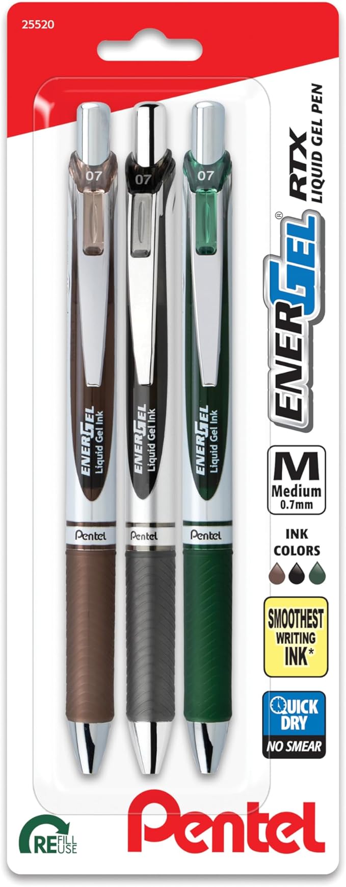 Pentel EnerGel RTX Retractable Liquid Gel Pen, 0.7mm, Camo Hue, Sepia, Black, and Forest Green Ink, Pack of 3 Pens (BL77CAMBP3M)
