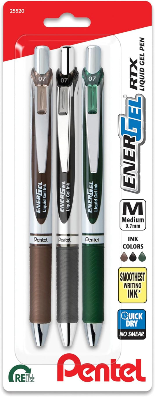 Pentel EnerGel RTX Retractable Liquid Gel Pen, 0.7mm, Camo Hue, Sepia, Black, and Forest Green Ink, Pack of 3 Pens (BL77CAMBP3M)