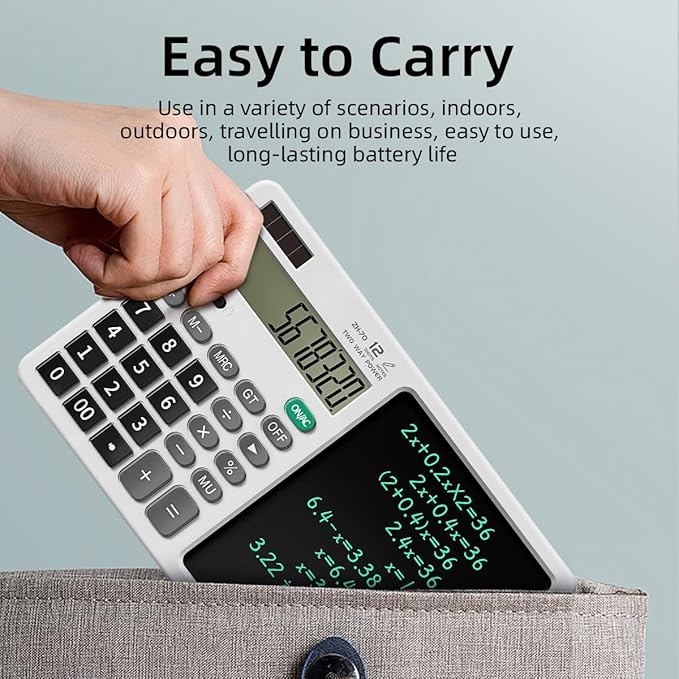 Scientific Calculator with Pull - Out Stylus, 12 - Digit Wide Screen & 100,000+ Reusable Writing Pad, One - Click Clear/Lock, Solar & Battery Dual Power, Portable for School Office Business (White)