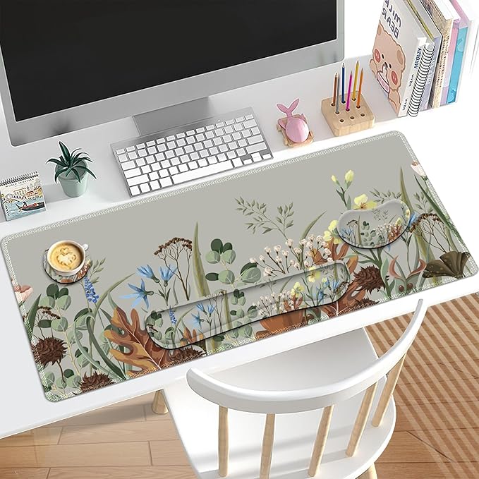 Keyboard Mouse Pad Set, Extended Gaming Mouse Pad +Keyboard Wrist Support +Mouse Wrist Rest +Coaster, 35.4x15.7 in XXL Large Ergonomic Desk Mat 4in1 Set for Home Office, Plant Flowers