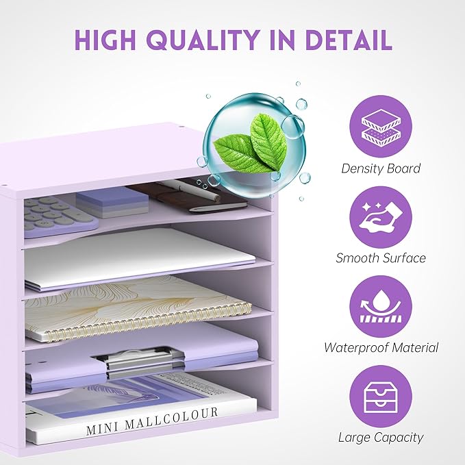 SUPEASY Wood Desk Organizer, 5 Tier Paper File Organizer for Desk, Wooden Desktop Organizer, Paper Letter Literature Mail Sorter, for Office School & Home Organization, Purple