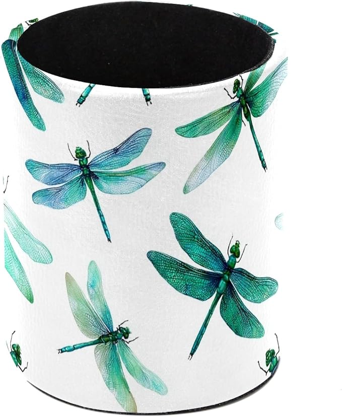 Leather Pen Holder for Desk Dragonflies Cute Pattern Pencil Cup Desktop Organizer Makeup Brush Holders Office Supplies for Home, Kids & School