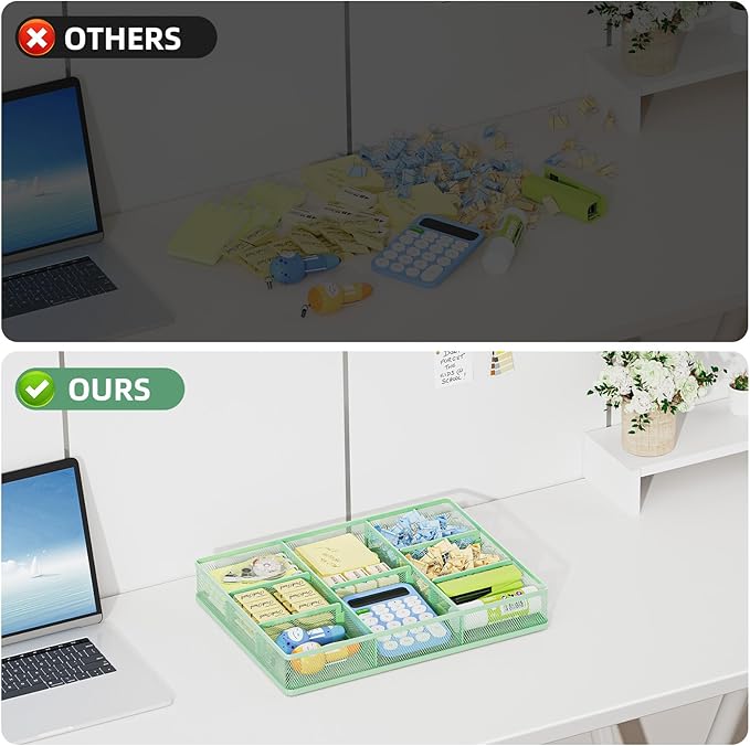 Marbrasse Desk Drawer Organizer, Metal Mesh Drawer Organizer Tray with 5 Adjustable Compartments,Desk Organizers and Accessories for Home,Office,Kitchen,Makeup,Vanity (Green)