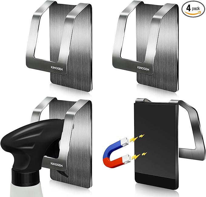 KIHOGEM Magnetic Spray Bottle Hanger, Stainless Steel Spray Bottle Holder with Strong Magnetic Backing for Refrigerator Grill RV (4pcs)