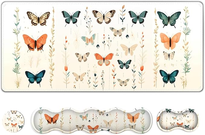Desk Mat Gaming Mouse Pad, Cute Desk Matt Keyboard Wrist Rest for Desktop, Anti-Slip Mousepad with Stitched Edges, XXL Large Mouse Pad with Wrist Support for Desk Computer I Beige Buttefly