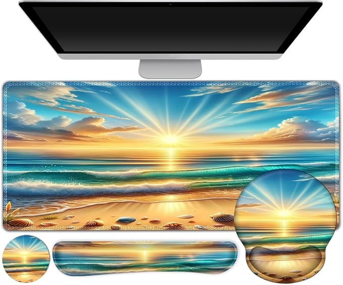 Gaming Mouse Pad, Large Desk Mat, Cute Desk Pad Protector, 4in1 XXL Mousepad + Keyboard Wrist Rest+Mouse Wrist Rest+Coaster Set with Ergonomic Desk Pad for Home Office Computer, Beach Sun Shell