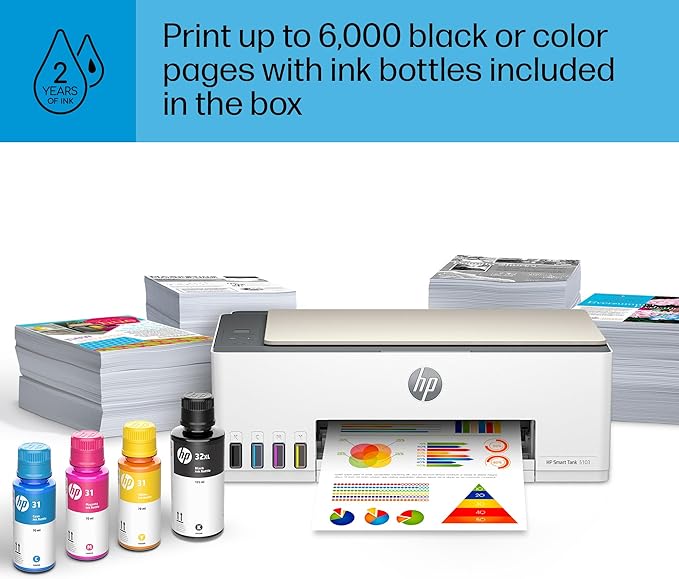 HP Smart Tank 5103 Wireless All-in-One Ink Tank Printer, Scanner, Copier with 2 Years of Ink and 100 Sheets of Photo Paper Included, Best-for-Home, Refillable, AI-Enabled (5D1B2A)