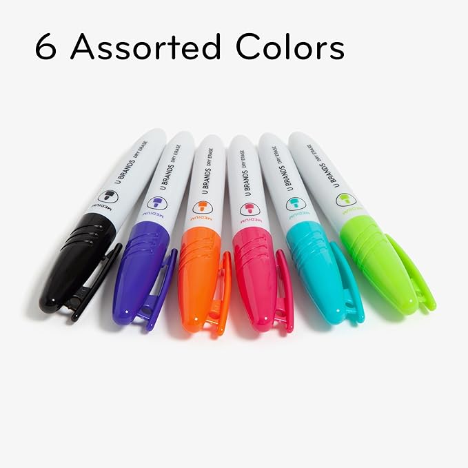 U Brands Fine Tip Dry Erase Markers, Mini Size Whiteboard Markers, Low Odor, Assorted Bright Colors, Set of 6