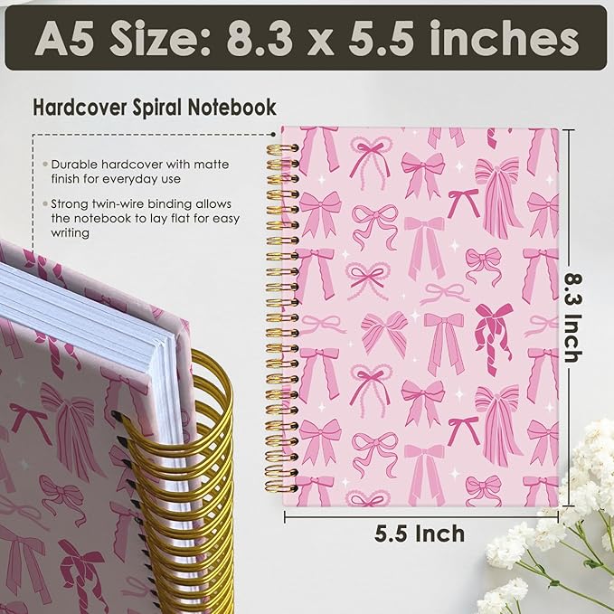 Pink Cute Notebook, Girly Preppy Trendy Coquette Pink Bow Journal, Aesthetic Notebooks for Women, Hardcover Notebooks 5.5x8.3