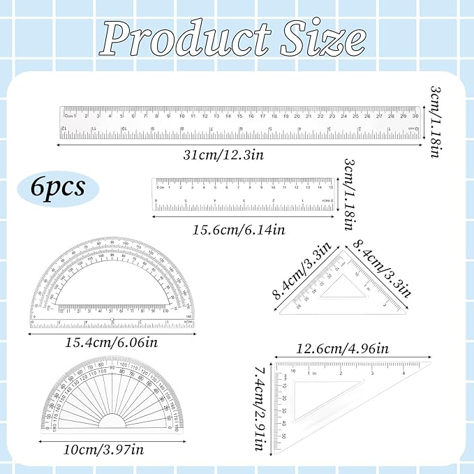 1 Set Plastic Clear Ruler Math Set, Includes 6" | 12" Long Straight Ruler, Triangles, Protractor Geometry Math Transparent Rulers for School Office Home Office Drawings (Transparent)