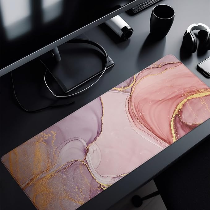 Rose Gold Marble Mouse Pad Abstract Marble Mouse Pad 31.5x11.8 Inch Texture Non-Slip Rubber Base Large Mousepad Stitched Edges Keyboard Mouse Mat Desk Pad for Office and Home