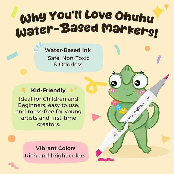 Ohuhu Markers for Adult Coloring Books No Bleeding 60 Colors Water-based Dual Tips Brush & Chisel Coloring Markers for Kids Adults Beginners Drawing Pens for Journaling Lettering