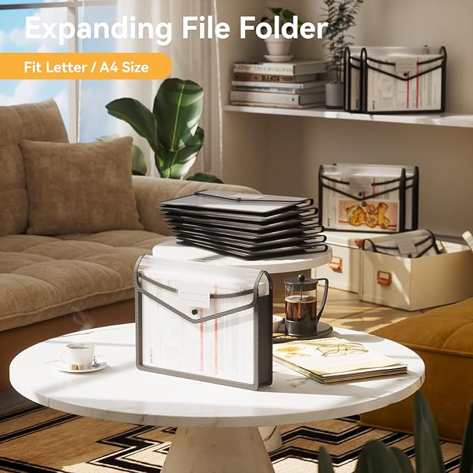 ABC life 6 Pack Plastic Expanding File Folder, Folders for Documents with Snap Closure, Black File Folder Organizer Holder, Transparent Accordion File Pouch,Large Capacity, Fit Letter/A4 Size - Black