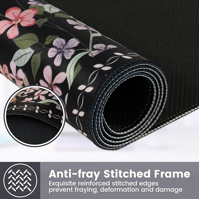 HAOCOO Floral Desk Pad for Keyboard and Mouse, Black Mouse Pad with Non-Slip Rubber Base, XXL Keyboard Mat with Edge Stitching, Soft Computer Mat, Gaming, Office Aesthetics