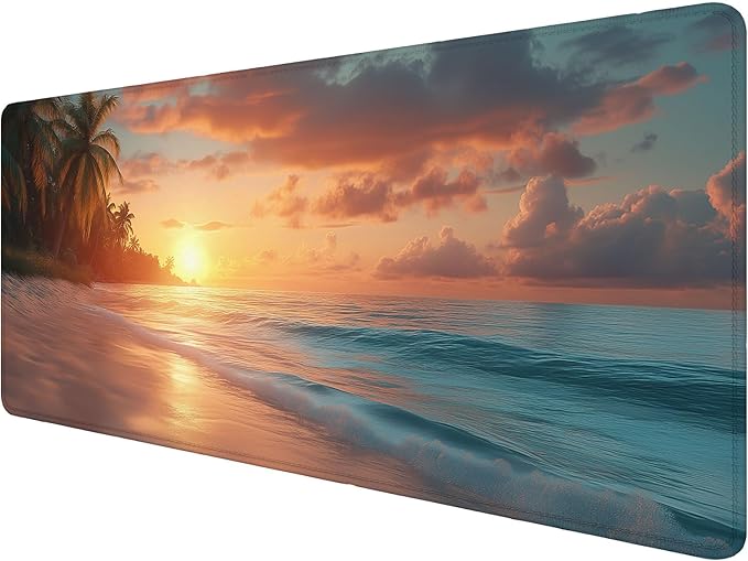 Beach Desk Mat Gaming Mouse Pad Sunset Shore Palms Trees Tropical Extended Gaming Mat with Stitched Edge Non-Slip Base Big Office Computer Keyboard Laptop Home 31.5"x11.8"
