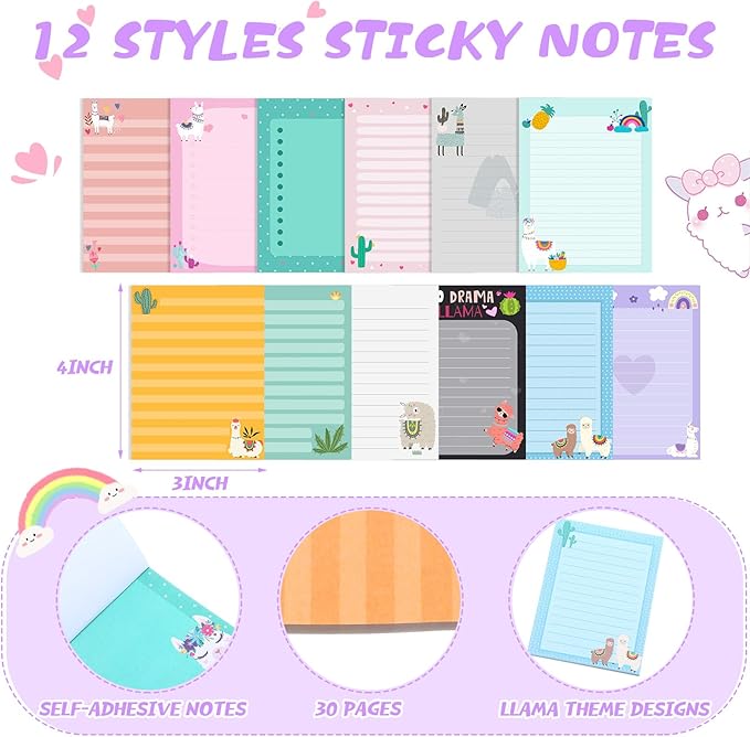 24 Pcs Llama Sticky Notes with Pens Alpaca Themed Gifts Party Favors Cute Notepad Memo Notes Pads Black Ink Ballpoint Pen for Llama Lover Women Christmas Gifts Office School Students Teacher Supplies