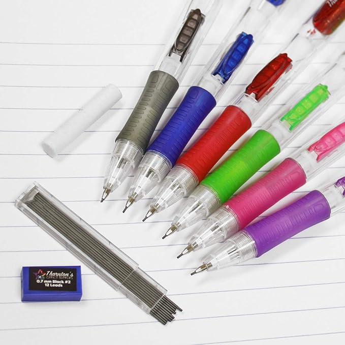 Thornton's Office Supplies ClearGrip Mechanical Pencil Starter Set 0.7mm Assorted Colors Pack of 12 Automatic Drafting Lead Pencil for Fine Drawing & Handwriting
