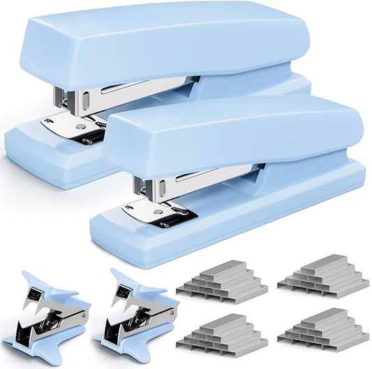 2 Pack Blue Office Staplers, 25-Sheet Capacity with 4000 Staples and 2 Staple Removers, Desktop Stapler, Blue Office Supplies for Students and Office Clerks