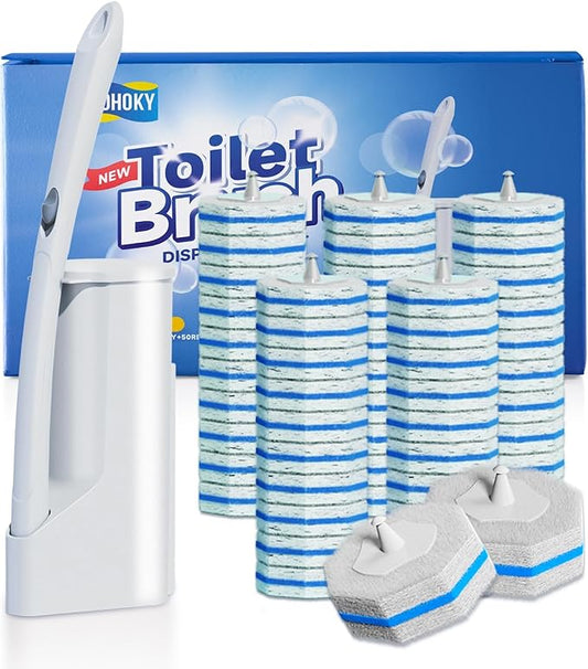 Disposable Toilet Brush Cleaning System with 50pcs Refills Pads Replacement Heads, Toilet Cleaning Stick, Wall Mounted Toliet Wand Kit Bathroom Maintenance, Toilet Bowl Cleaner Wands Holder and Set