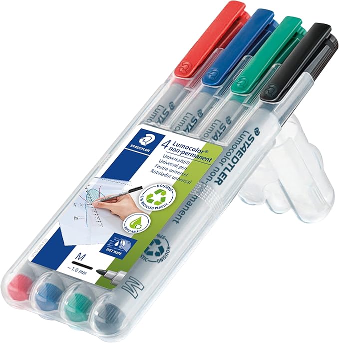 Staedtler Lumograph Non-Permanent, Wet Erase Marker Pens, Medium Tip Refillable Colored Markers, 4 Pack, 315 WP4