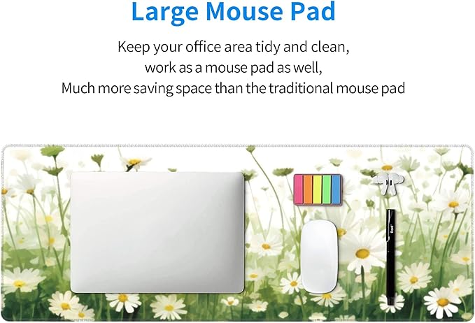 Daisy Flowers Large Mouse Pad, Floral Gaming Desk Mat, XL Keyboard Desk Pad Mat for Desktop, 31.5"x11.8" Non-Slip Base Big Mousepad with Stitched Edges