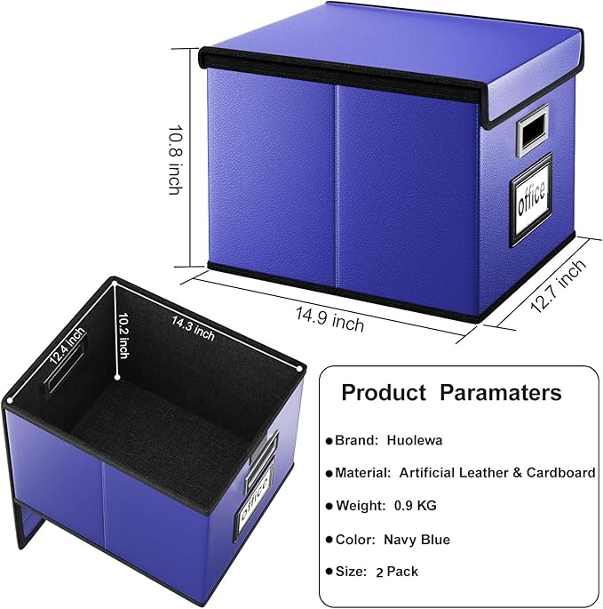 Huolewa Portable Leather File Organizer Boxes with Lids, Collapsible File Folder Organizer Boxes, Decorative Small Filing File Cabinet for Home/Office, Easily Store Documents/Hanging File Folders