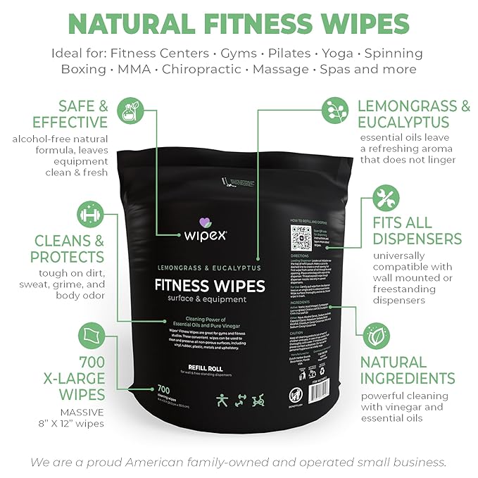Wipex Gym Wipes for Equipment Cleaning - 700 Large 8"x12" Natural Fitness Wipes Refills for Dispensers - Made with Lemongrass, Eucalyptus Oil & Vinegar, Bulk Surface Multipurpose (1 Pack)