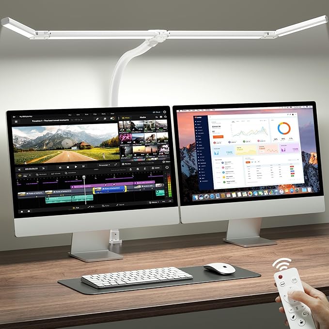 ONEMIX 42" LED Desk Lamp with Clamp, Architect Desk Light with Remote, Adjustable 4-Segment Bar, 1800LM Bright, Eye-Caring Desk Lamp for Home Office, Reading, Study, Dual Monitors, Workbench (White)