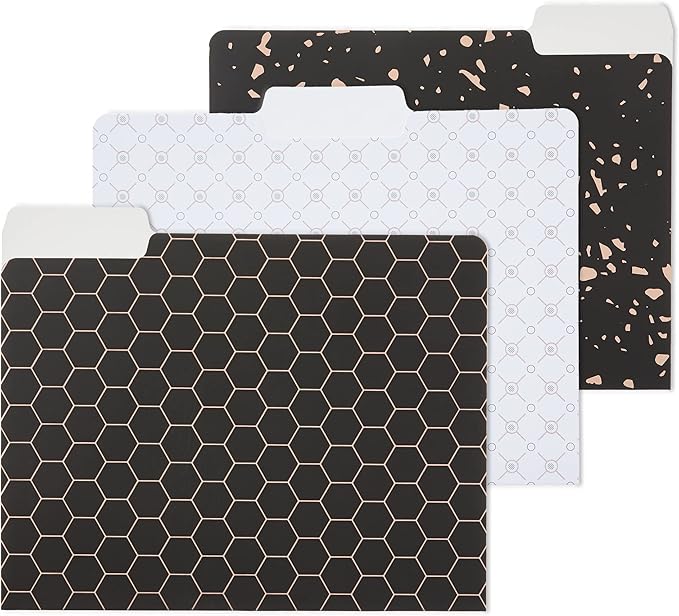 Y YOMA 12 Pack Rose Gold File Folders Letter Size Decorative File Folder Cute Pretty Colored Heavyweight Filing Folder File Organizers for Office School Home Desktop with 1/3-Cut Tab, Black & White