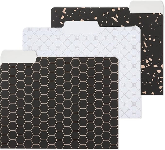 Y YOMA 12 Pack Rose Gold File Folders Letter Size Decorative File Folder Cute Pretty Colored Heavyweight Filing Folder File Organizers for Office School Home Desktop with 1/3-Cut Tab, Black & White