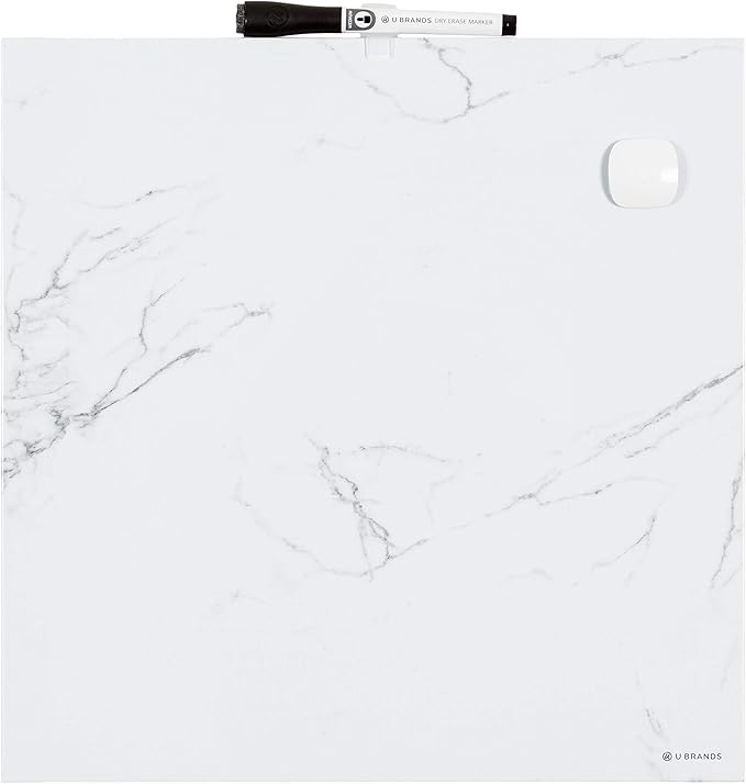 U Brands Magnetic Square Marble Print Dry Erase Board White Board, 14" x 14", Frameless, Includes Magnet and Marker