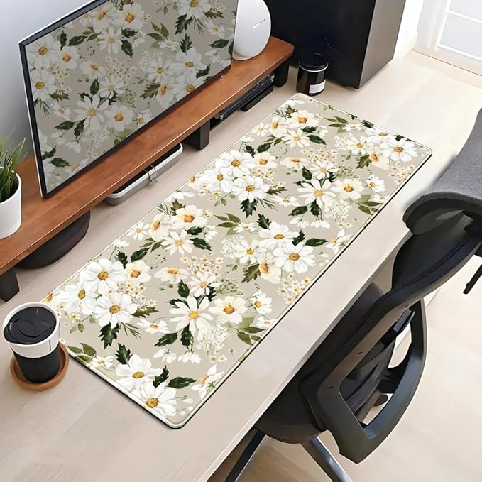 Daisy Floral Daisies Large Mouse Pad Watercolor Flowers Desk Mat, Washable Mousepad LYC Cloth Stitched Edges Women Girls Gaming Mousepad Computer Pc Laptop Desk Mat 31.5 X 11.8 in