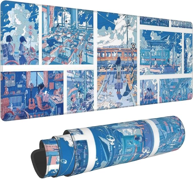 Anime Style Youth Campus Large Mouse Pad, Blue Fantasy Gaming Desk Mat, XL Keyboard Desk Pad Mat for Desktop, 31.5"x11.8" Non-Slip Base Big Mousepad with Stitched Edges