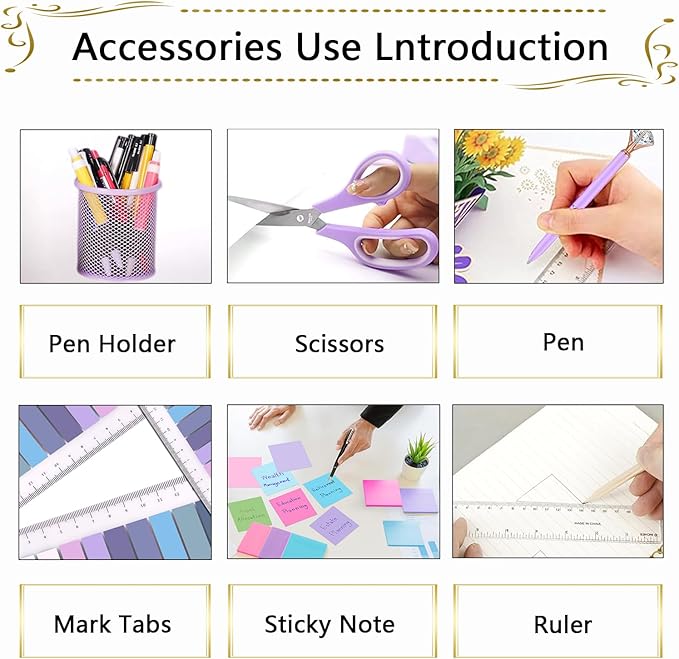 Office Supplies Set,Desk Accessories,Stapler And Tape Dispenser Set,Pen Holder,1000 Staples,Staple Remover,Hinder Clips,Ruler,Scissor,Index Tabs,Clear Tape,Ballpoint Pen,Sticky Notes,Coworkers(Purple)