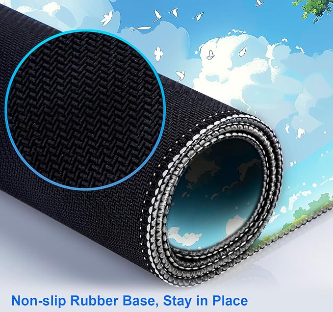 Simple and Cute Anime Landscape Computer Mouse Pad, Large Green Plant Outdoor Landscape Office Desk Pad, 35.4 x 15.7 x 0.12 Inch Sewn Edge Non Slip Rubber Base Mouse Pad